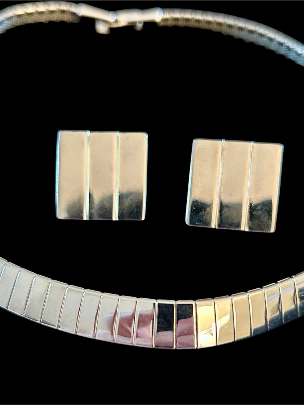 Napier Silver Toned Ribbed Collar Necklace with Matching Napier Earrings-Women
